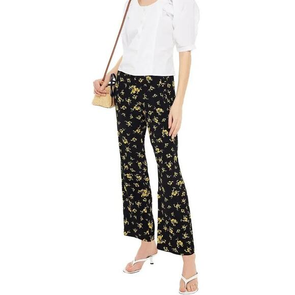 Ganni Floral Print Crepe Straight Leg Pull On Pants Black - Picture 8 of 8